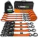 Rhino USA Ratchet Straps Heavy Duty Kit (4-Pack) - 1.6 Inch x 8 Feet (5,208lb Break Strength) - Ultimate Tie Down Straps with Safety S Hooks for Trucks, ATV, UTV, Motorcycle, Cargo & More - Orange