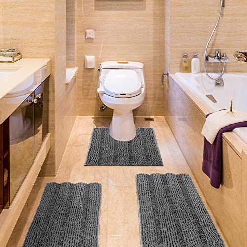 IM Home Striped Light Gray Bathroom Rug Set 3 Pieces, Non Slip Chenille Bath Rugs Machine