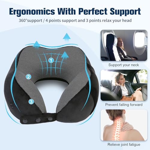 Cirorld Neck Pillow for Traveling, Travel Pillows for Airplanes,100% Pure Memory Foam Travel Neck Pillow, Adjustable Flight Pillow, Portable Plane Accessories with Eye Mask, Earplugs, Carry Bag