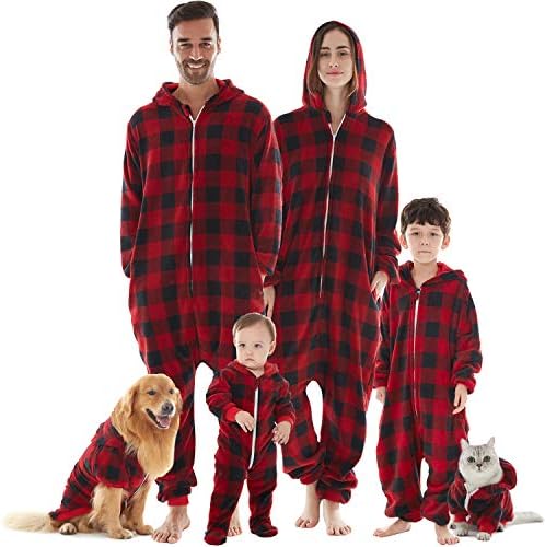 Family Pajamas Matching Sets, Drop Seat Onesie Hooded Zip Up Flannel Plaid One Piece Pajama Christmas Halloween for Men, Women, Kids, Babies, Dogs, Cats, 2 Colors