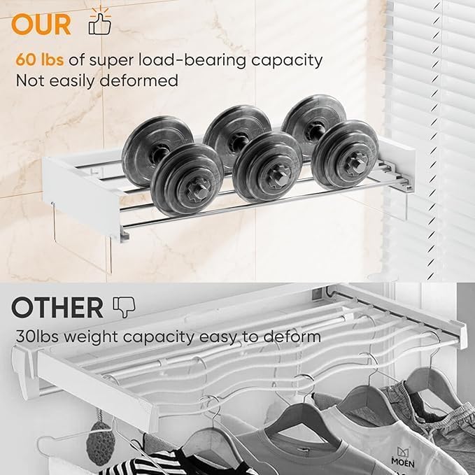 Wall Mounted Drying Rack, Laundry Clothes Drying Racks Foldable, Collapsible Drying Rack Clothing Wall Mount, Wall Template for Indoor Outdoor Hanging Clothes, 5 Rods, 31.5 Inch