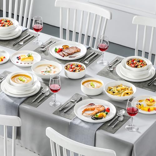 Geschirrset 6 Personen, LUNA 24-tlg Tafelservice aus Weißem Porzellan, Modernes Geschirr Set mit je 6 Speiseteller, Dessertteller, Suppenteller und Müslischalen