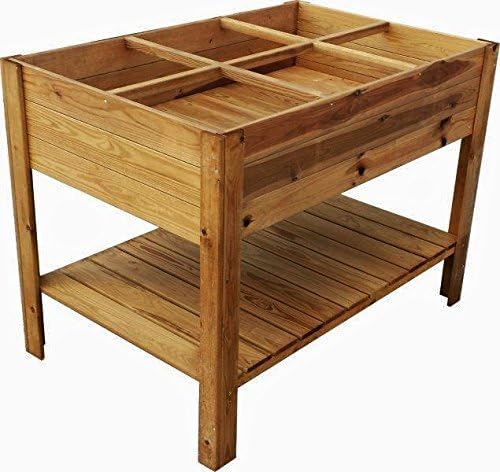 EKJU FSC Six Section Vegetable Raised Bed Free Standing with Shelf - Pressure Treated Spruce Wood, Pressure Treated Brown, 6-Sections