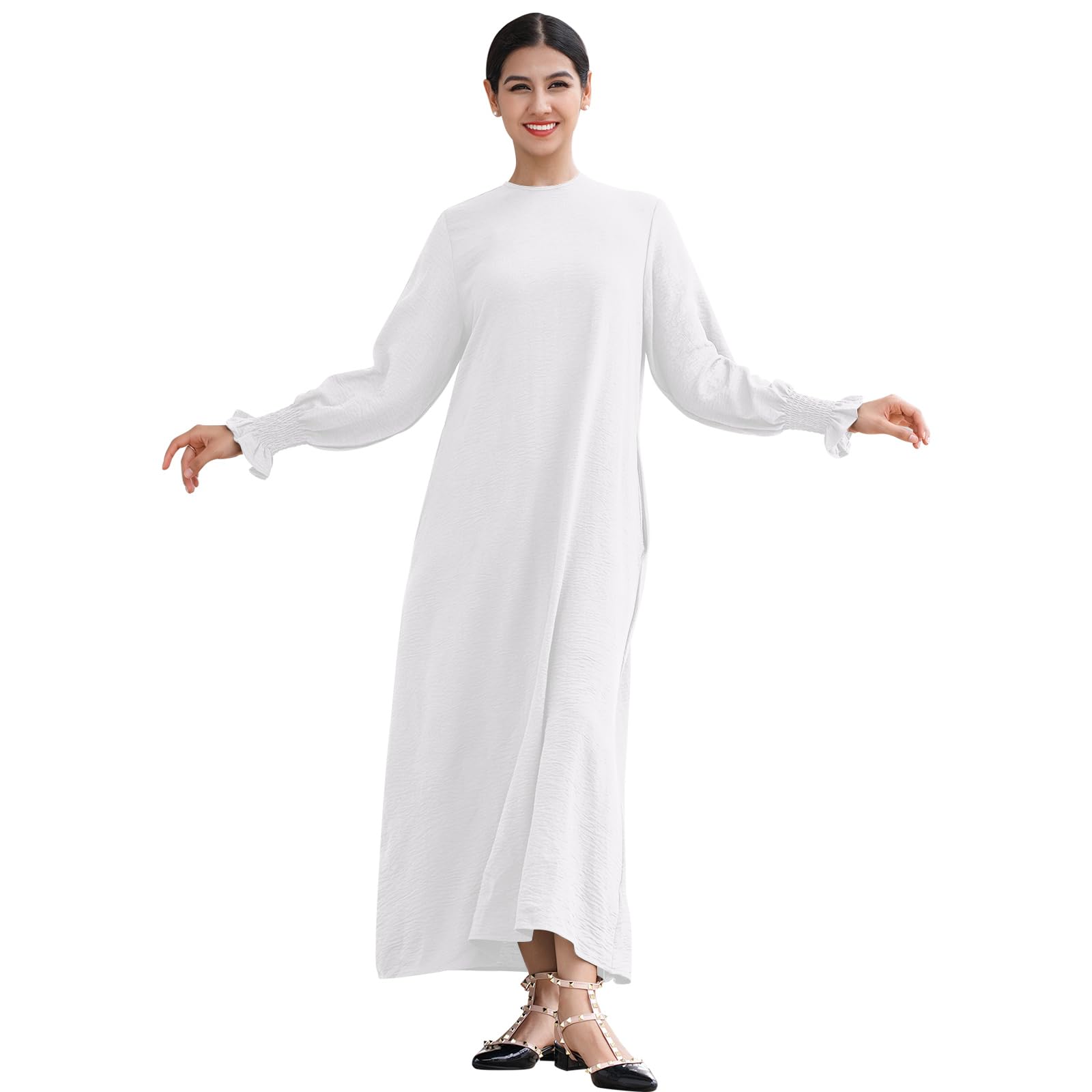 Photo 1 of IWEMEK Islamic Prayer Dress for Women Muslim One Piece Abaya Dress for Women Dubai Modest Solid Muslim Prayer Clothes for Women Muslim Dress for Women Loose Full Cover Islamic Long Dress White XL/XXL