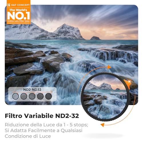 K&F CONCEPT Nano-Xcel 55 mm ND2-32 Variable True Color Filter & Ultra Low Reflectivity, Neutral Density Filters ND2-32 (1-5 Stops) in Optical Glass with 28 Layers Nano Coating
