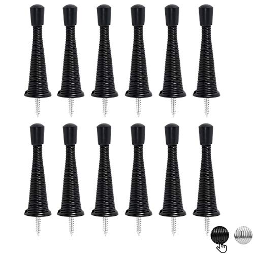 Spring Door Stopper with Rubber Bumper 3-1/8" Flexible Spring Heavy Duty Wall Door Stop Low Mounted Door Bumper for Home 12 Pack (Upgrade Black)