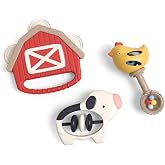 Itzy Ritzy Musical Instrument Toy Set of 3, Baby Sensory Instruments (Farm) | Musical Toy Set Includes Tambourine, Maraca &amp; Clacker Beads with Easy-Grip Handles, Helps Little Hands Shake, Rattle &amp; Play