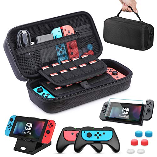 Case-for-Nintendo-Switch-HEYSTOP-11-in-1-Nintendo-Switch-Carry-Case-Come-with-2-Joy-con-Grips-for-Nintendo-Switch-Adjustable-PlayStand-Tempered-Glass-Screen-Protector-with-6-Thumb-Grip-Caps-Black