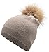 Women's Winter Warm Double-Deck Cashmere Wool Blend Real Fur Pom Pom Slouchy Knit Beanie Cap Ski Hat
