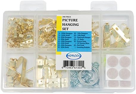 Picture Hanging Kit - 200 Piece Assorted Set With Hooks, Nails, Wire, Bubble Level and Protective Felt Pads