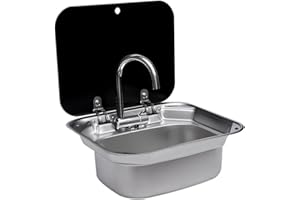 LSYSGSB RV Caravan or Boat Stainless Steel Hand Wash Basin Sink with Folded Faucet Tempered Glass Lid van Camper Trailer Accessories (Sink with tapB) for RV Caravan Camper Kitchen