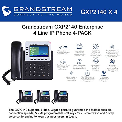 Grandstream GXP2140 4-Line IP Phone, 4.3 LCD, PoE, Bluetooth. Bundle of 4