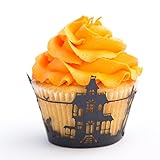 Cupcake Wrappers Haunted House x50pcs. 3 Halloween wraps to choose in shimmering black (Scary Houses)