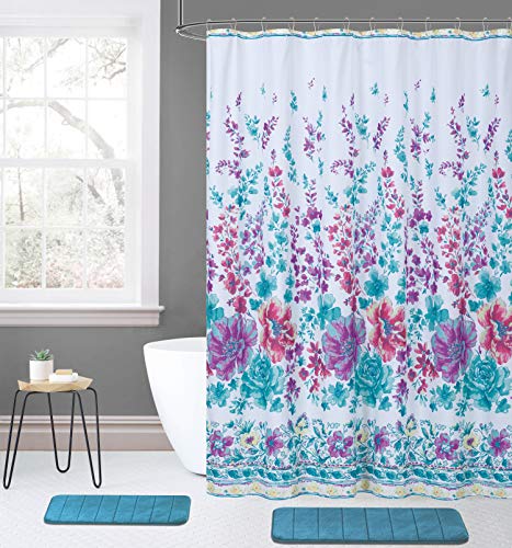 Kashi Home Palin 15 Pc Fabric Shower Curtain, Memory Foam Bath Rug Mat Set & Roller Hooks, Bathroom Accessory Sets