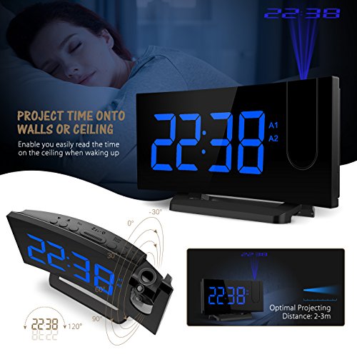Mpow [Gen-2] Projection Alarm Clock, Arc-shaped Projection Clocks with 5 Inch Dimmer LED Display, Digital Clock Radios for bedroom with Dual Alarm, 12/24 Hours, Backup Battery (Black-Blue) - Thumbnail 2