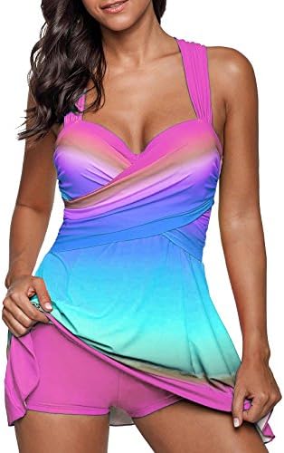 Bonvince Women's Swimdress Tankini Rainbow Print Bathing Suit Criss Cross Back Two Piece Swimsuit with Short XL Pink