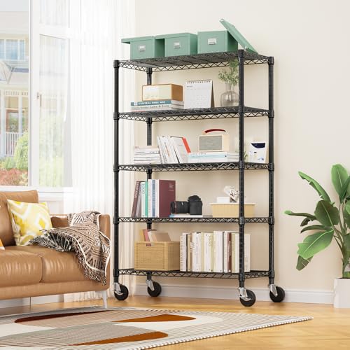 M MZG Metal Shelving Unit with Lockable Wheels Heavy Load 5 Levels, up to 750 kg, Adjustable Shelves, for Garage, Workshop and Warehouse, Studio, Black, 45 x 120 x 192 cm