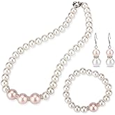 LGSY Pink White Shell Pearl Handmade Earrings Necklace Bracelet Jewelry Set for Women