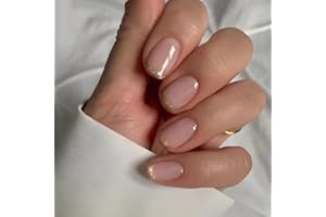 Stbisen Press On Nails Short Square, Pink Fake Nails with French Tips and Gold Border Accent Glitter Designs, Glossy Gel Finish Acrylic Nails Press Ons Short, Thick Natural Reusable Glue On Nails Kit