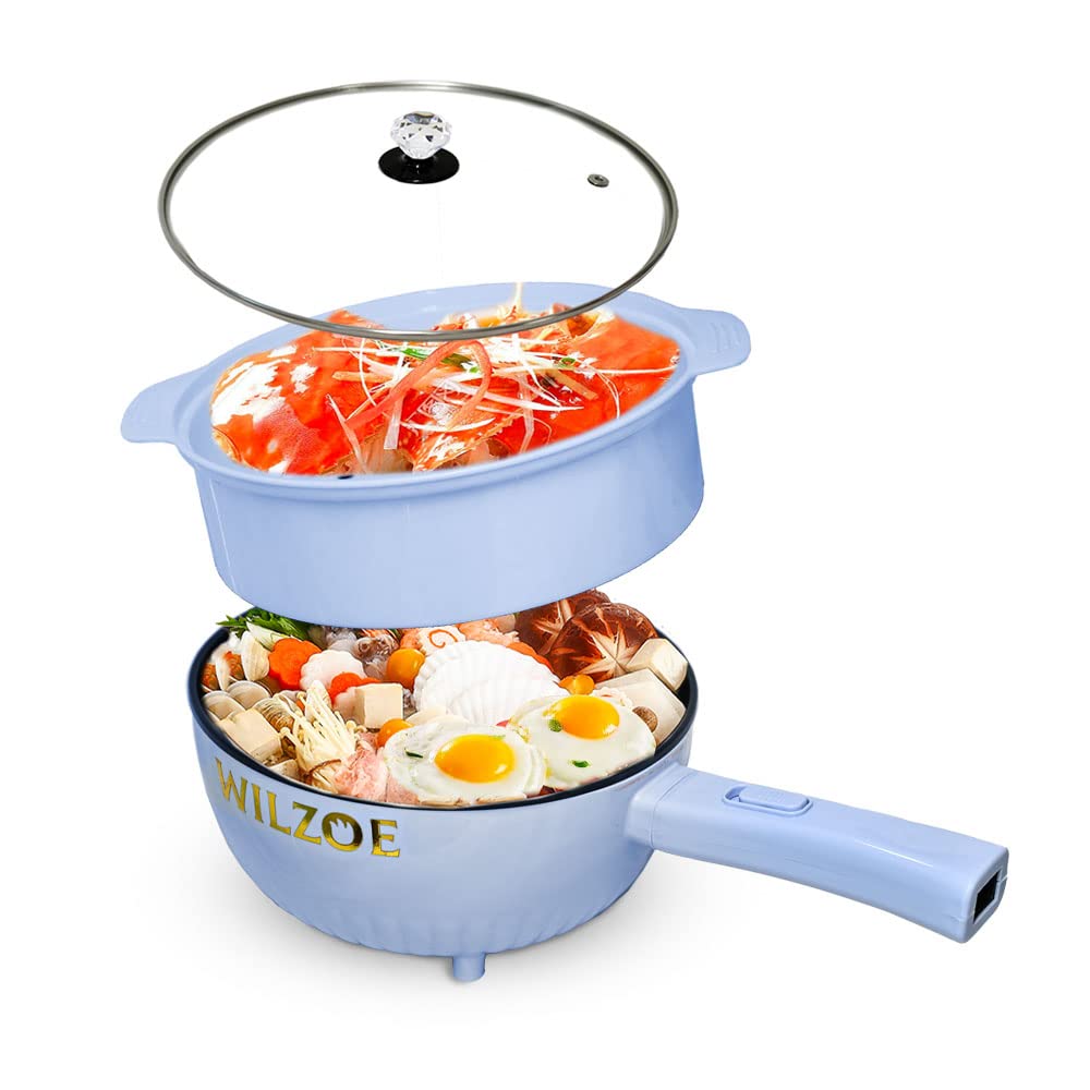 Wilzoe Electric Hot Pot 2.8L,1000W Non-Stick Frying Pan,Rapid Noodles Cooker,Electric Cooking Pot,Mini Hot Pot for Steak,Egg,Oatmeal,Soup,with Power Adjustment, (Food Steamer Included),Purple