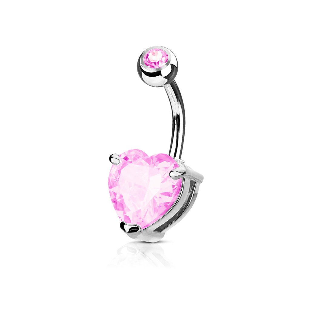 PiercedOff 316L Surgical Steel 1.6mm Belly Bar with a 7mm Pink CZ Heart - Length 10mm
