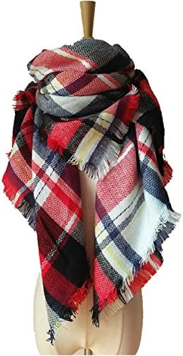 PROPRE Wander Agio Women's Fashion Long Shawl Big Grid Winter Warm Plaid Large Scarf (White Red)