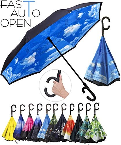 Double Layer Inverted Umbrella Auto Open Reverse Folding Umbrella Windproof UV Protection Big Straight Umbrella for Car Rain Outdoor Use