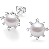 YAMI Pearl Stud Earrings - Genuine Cultured Pearls with 925 Sterling Silver & Cubic Zirconia Diamonds - Hypoallergenic Flower/Snowflake/Sun/Halo Style Studs - Elegant Jewelry Gift for Women