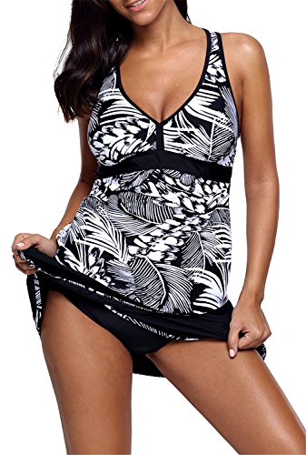 Dokotoo Womens 2018 Beach Plus Size Retro Print Maternity Push Up Underwire Padded Tankini Swimsuit With Skirted 2 Piece Tankini Tops Bathing Suits Black X-Large