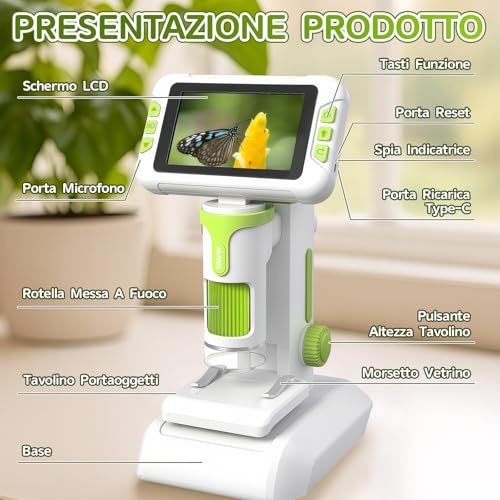 Charmofun Children's Microscope, Digital Microscope with 64GB Memory Card, Portable Microscopios for Children with 4 Inch LCD Screen, 1600X Magnification, Photo and Video, Portable and Fixed Function