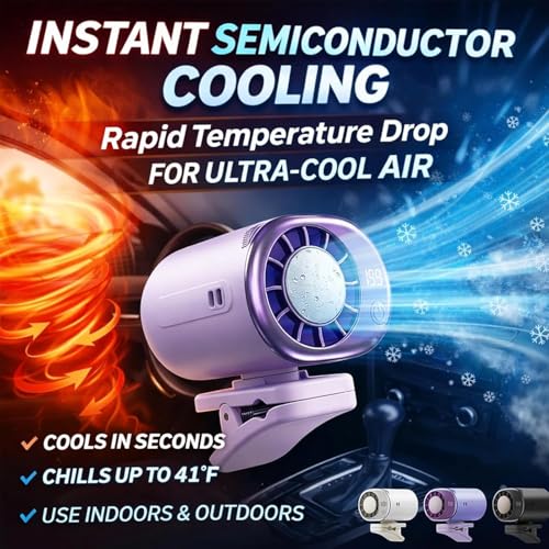 Car Clip On Air Conditioner Fan with LED Display - 360° Rotation, Portable Mini Cooling System for Auto Vehicle USB Rechargeable, 199 Speeds Adjustable, 16℃ Semi-Cooling Wide Clamp (White)