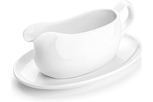 Nucookery Large 17 Oz Gravy Boat with Saucer, White Fine Porcelain Saucier With Big Dripless Lip Spout, Bowl For Thanksgiving, Warming Sauces, Salad Dressings, Milk, More, Microwave & Freezer Safe