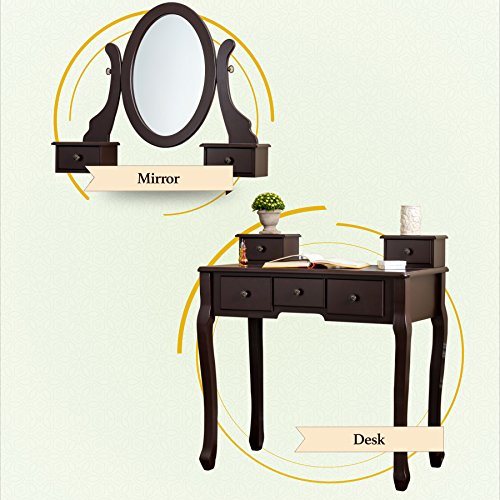 Fineboard Single Mirror Dressing Table Set Five Organization Drawers Vanity Table with Wooden Stool, Brown - Thumbnail 4