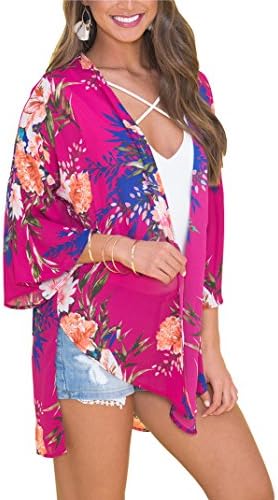 Uincloset 3/4 Sleeve Floral Beach Cover Ups Kimono Cardigans for Women (Large, Red)