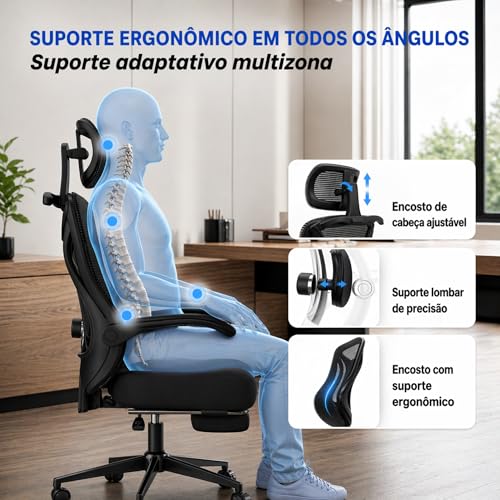 Cadeira Escritório Ergonômica Ajustável Altura Apoio Lombar Reclinável Encosto Respirável Conforto Postura Home Office Giratória Rodas Silenciosas Base Reforçada Regulagem Braços Profissional