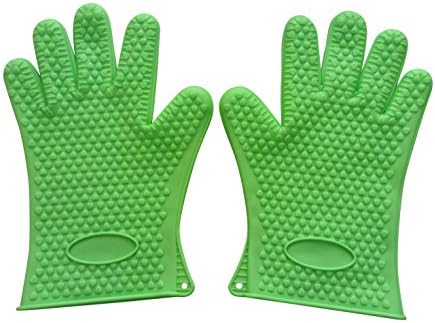 Bezri(TM) Heat Resistant Silicone BBQ Gloves Five-finger Cooking Baking Griling Smoking High Temperature Water Proof Oven Gloves (Green)
