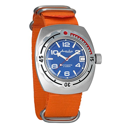 Vostok Amphibian Automatic Mens WristWatch Self-winding Military Diver Amphibia Case Wrist Watch #090432 (orange)