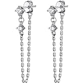 Reffeer Sterling Silver Chain Dangle Earrings for Women Teens CZ Chain Drop Earrings Studs