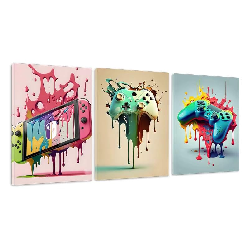 AOSEE 3 Pcs 16" x12'' Framed Gaming Room Decor Canvas Wall Art Video Game Art Prints Framed, Gaming Theme Watercolor Posters Prints for Boys Kids Teen Game Room Bedroom Playroom Wall Decor (Colorful)