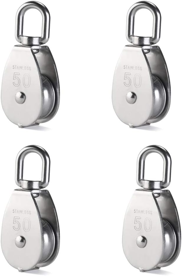 Rocaris 4 Pack M50 Lifting Single Pulley Roller Loading 880Ibs, 304 Stainless Steel Heavy Duty Single Wheel Swivel Lifting Rope Pulley Block