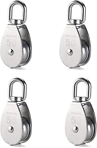 Rocaris 4 Pack M50 Lifting Single Pulley Roller Loading 880Ibs, 304 Stainless Steel Heavy Duty Single Wheel Swivel Lifting Rope Pulley Block
