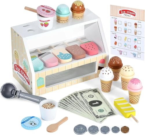 Beauenty Ice Cream Counter Playset for Kids, Montessori Pretend Play Food Toys Kitchen Accessories Wooden Popsicle Set with Scoop & Fake Cash, Ice Cream Shop Toys Toddler Learning Toy for Kids