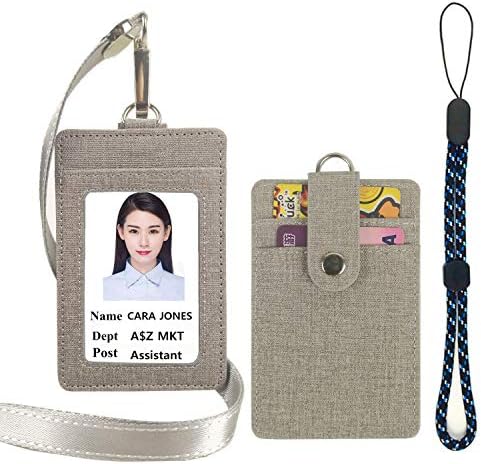Lucstar ID Badge Holder with Lanyard,Handhold Cellphone Strap,2 Back Slots Security Snap, Durable PU Leather Linen Finish, Cute Design Card Holder for Women Men Work/Student ID Card(Grey)