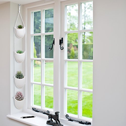 MyGift 4Tier White Ceramic Hanging Wall Planter with Rope Decorative