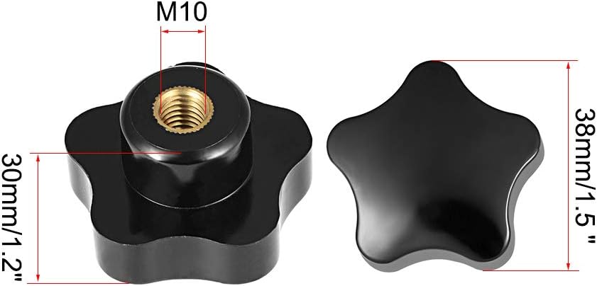 sourcing map Star Knobs Grip Handle M10 Diameter Brass Insert Female Thread Set of 4 Black, M10 x 40mm - Image 3