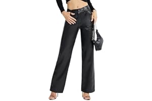 VQW Women's Faux Leather Pants Straight Wide Leg Pants Baggy Trousers with Pockets