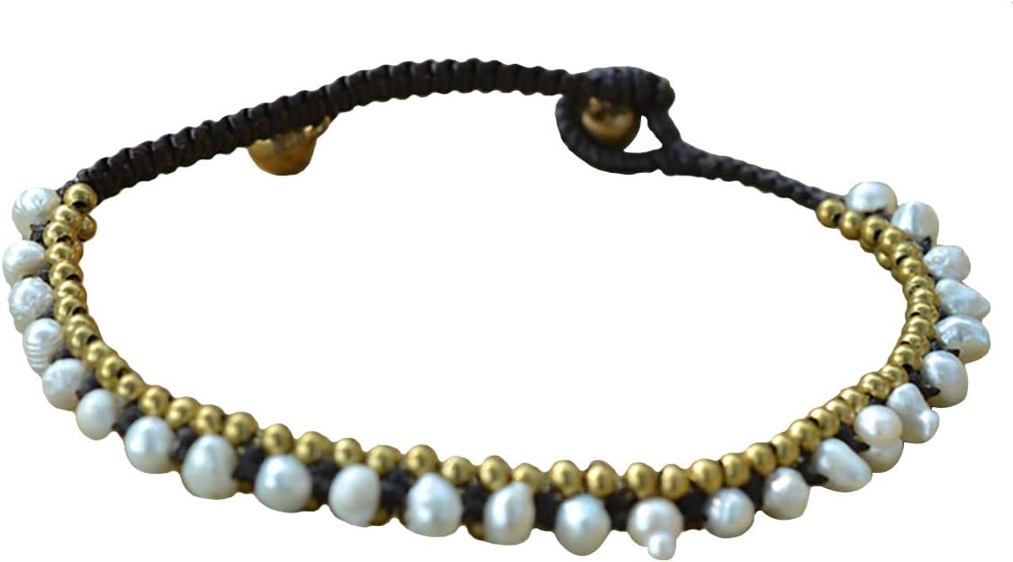 Ploy! White Freshwater Pearls Brass Anklet Waxed Cotton Cord Hippie Bohemian Adjustable Size Handmade AK4