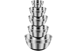 REGILLER Stainless Steel Mixing Bowls (Set of 5), Non Slip Black Silicone Bottom Nesting Storage Bowls, Polished Mirror Finish For Healthy Meal Mixing and Prepping 1.5-2 - 2.5-3.5 - 7QT (Black)