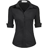 HOTOUCH Womens 3/4 Sleeve Button Down Shirt Slim Fit Work Blouses Cotton Dress Shirts Office Tops