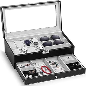 TomCare-Upgraded-Watch-Box-Watch-Case-Jewelry-Organizer-Holder-Jewelry-Display-Box-Case-Drawer-Sunglasses-Storage-Earrings-Storage-Organizer-Lockable-with-Glass-Top-and-PU-Leather-for-Men-Women-Black